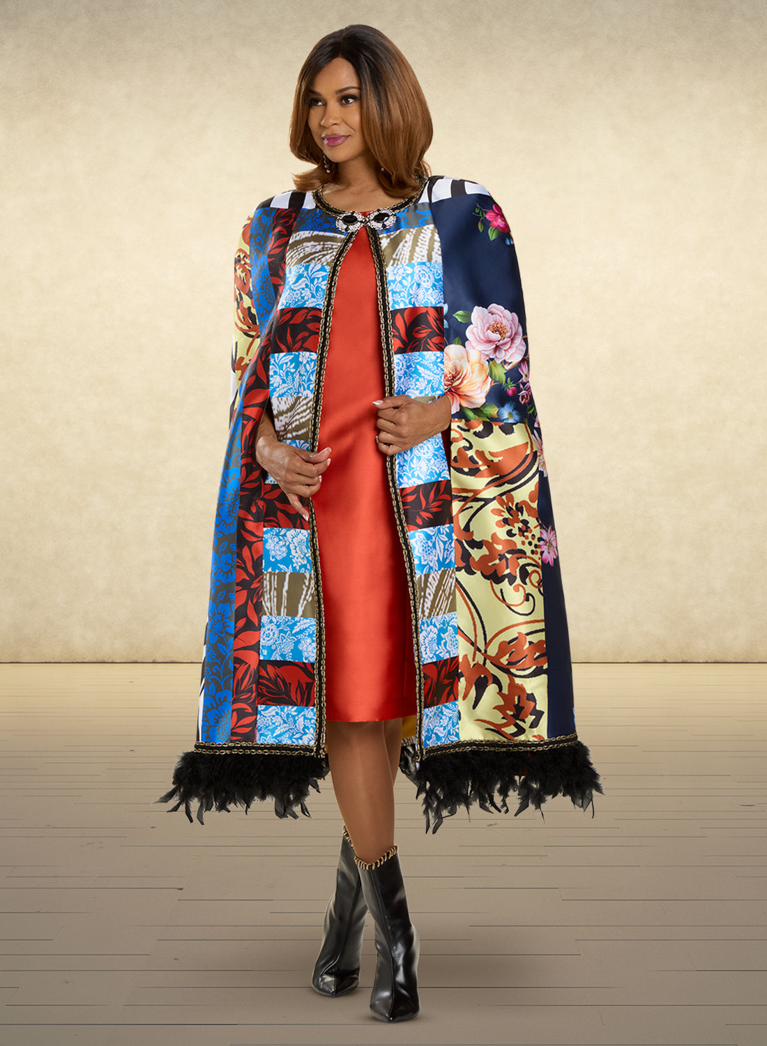 Donna Vinci 12118 - Multi - 2 pc Silk Print Cape Dress