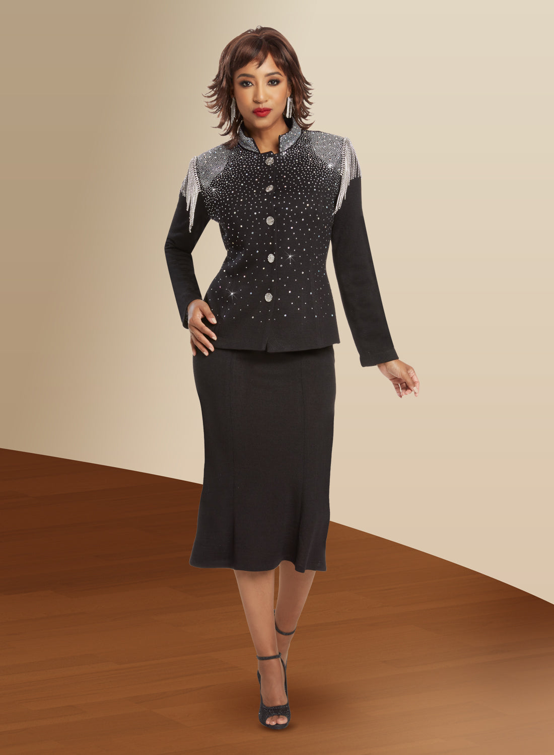 Donna Vinci - 13377 - Black - Knit 2pc Skirt Suit with Rhinestone Embellishments and Fringe Trim