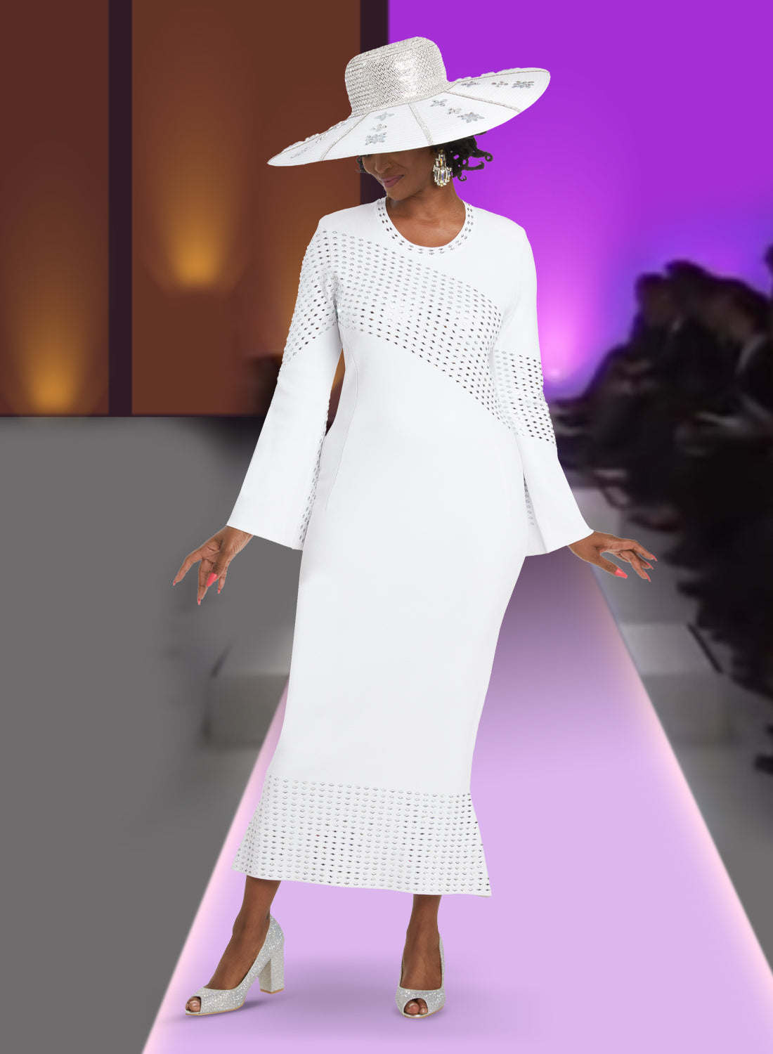 Donna Vinci - 13383 - Pure White - Rhinestone Trim Knit Dress