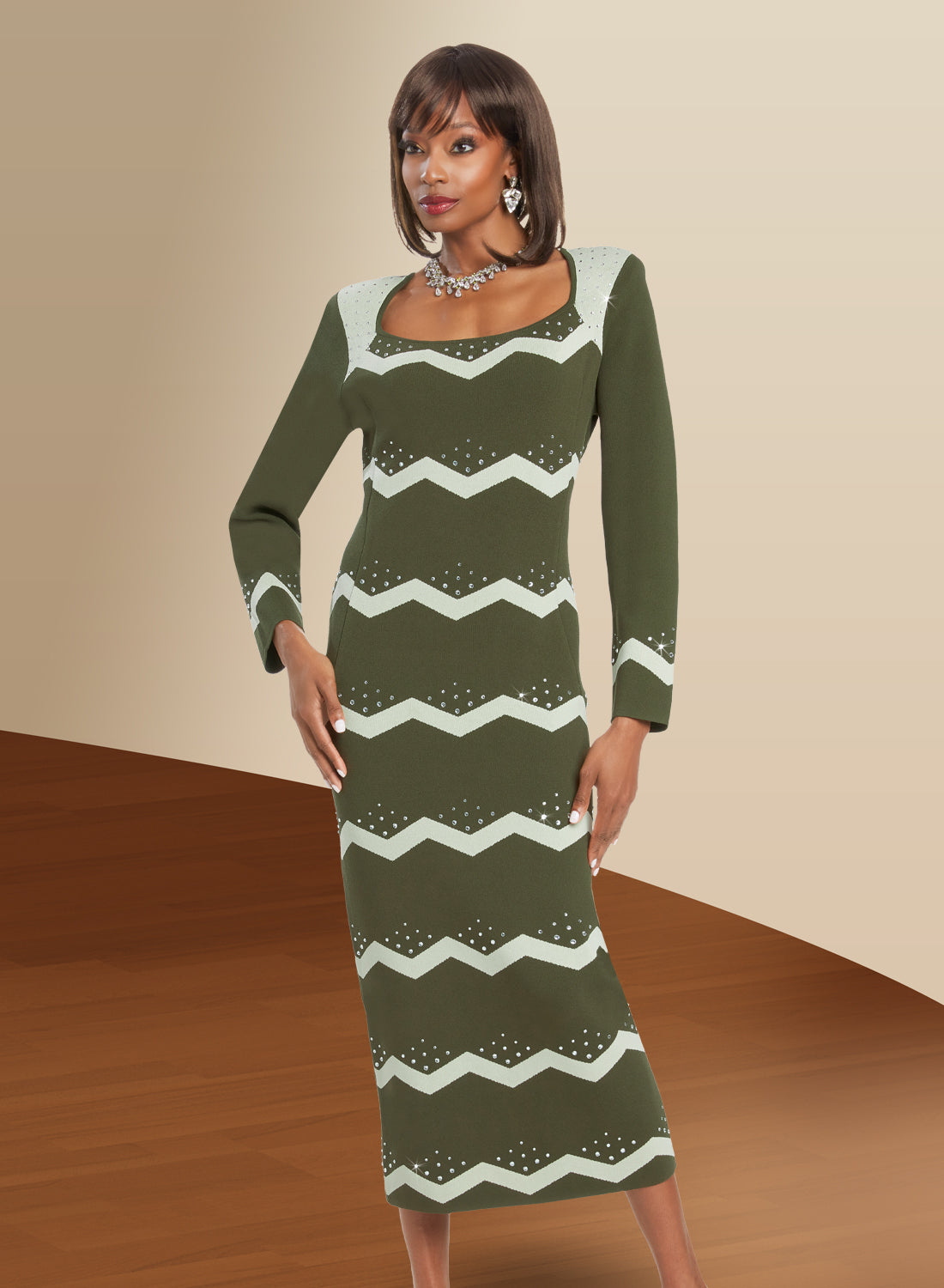 Donna Vinci - 13387 - Olive - Jacquard Knit Column Dress
