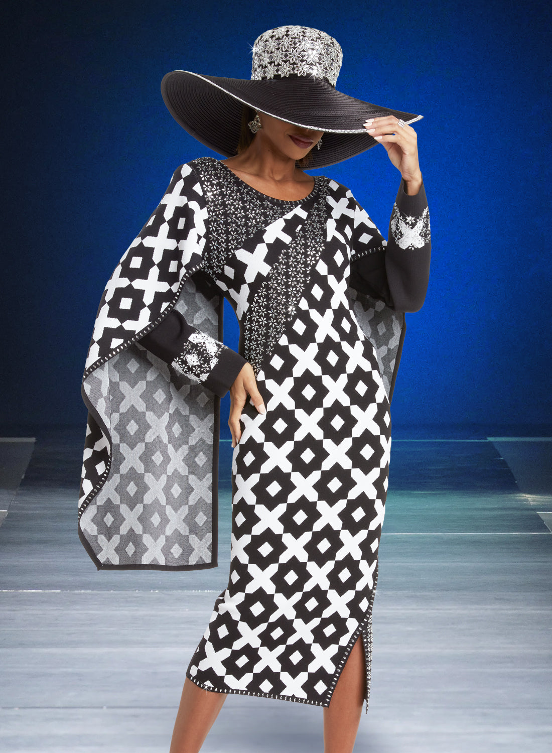Donna Vinci - 13392 - Black White Cape Jacquard Knit Dress with Rhinestone Embellishments