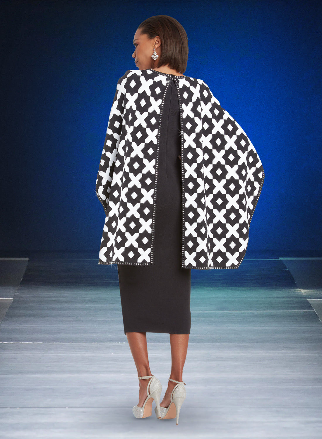 Donna Vinci - 13392 - Black White Cape Jacquard Knit Dress with Rhinestone Embellishments