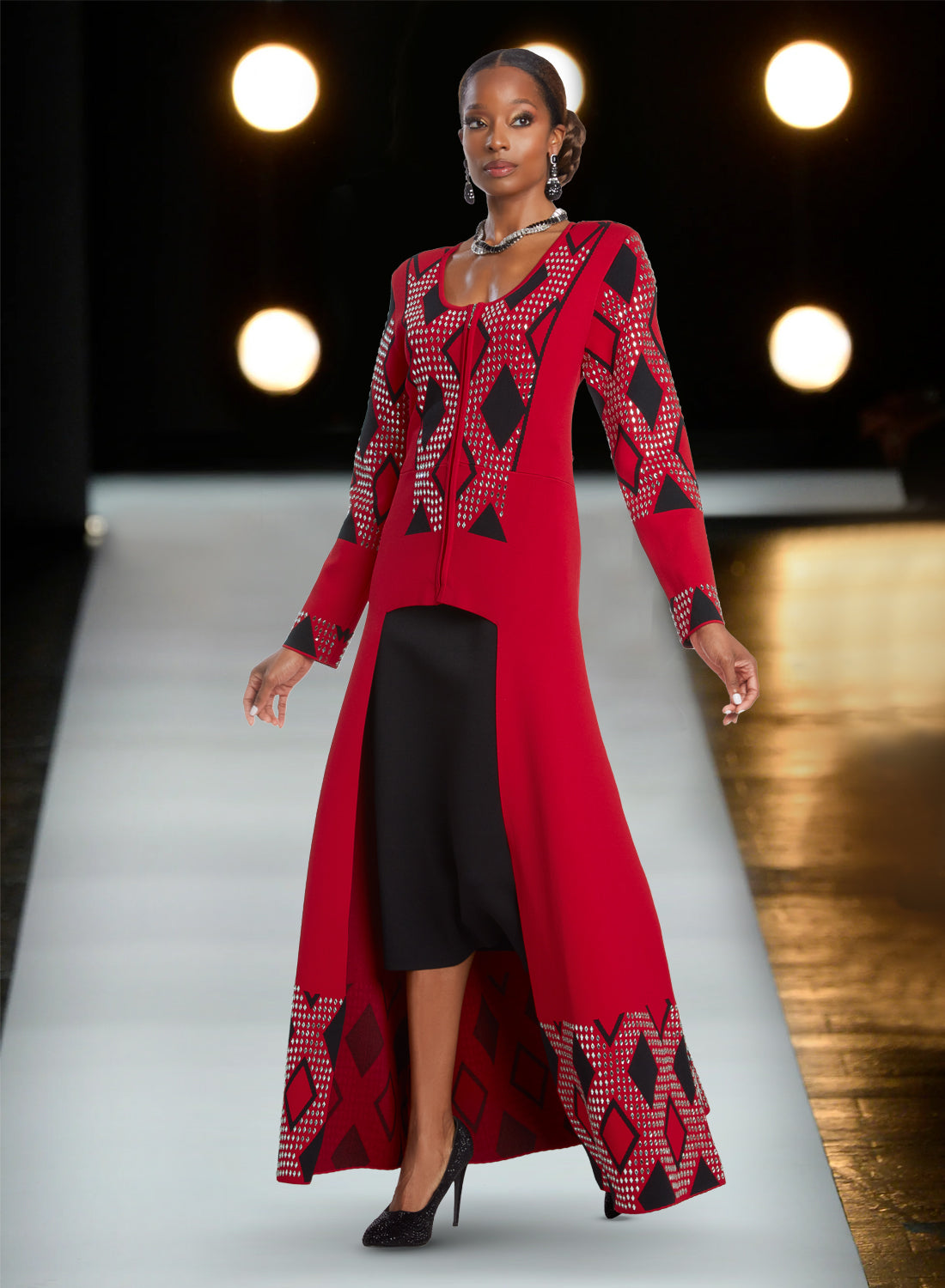 Donna Vinci - 13394 - Red Black - Argyle High-low Knit 2pc Skirt Suit with Rhinestone Embellishments
