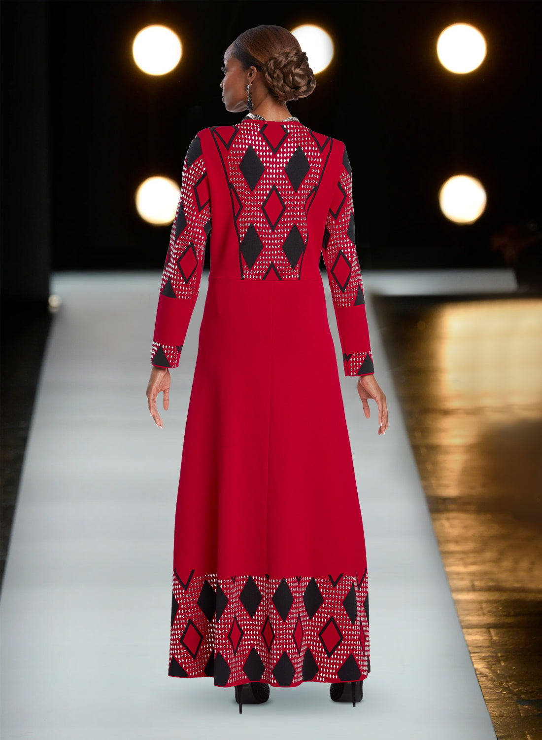 Donna Vinci - 13394 - Red Black - Argyle High-low Knit 2pc Skirt Suit with Rhinestone Embellishments