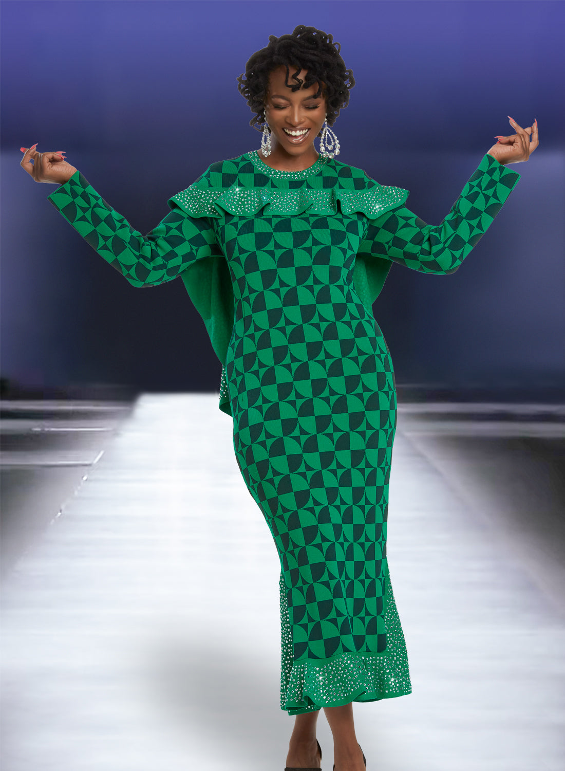 Donna Vinci - 13395 - Rhinestone Embellished Cape and Ruffle Hem Knit Dress