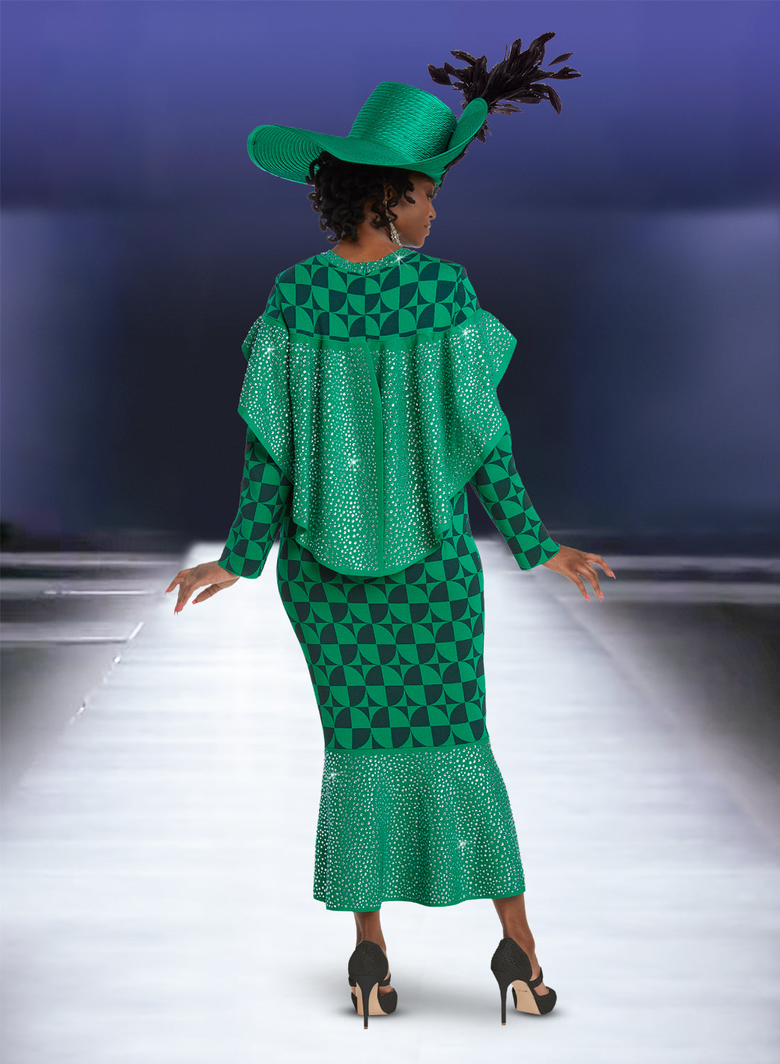 Donna Vinci - 13395 - Rhinestone Embellished Cape and Ruffle Hem Knit Dress