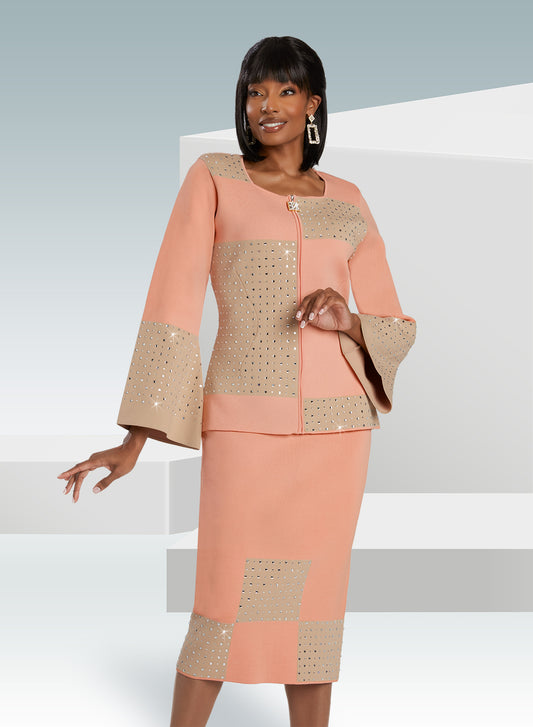Donna Vinci 13404 - Peach Beige - Rhinestone Embellished Knit Skirt Suit