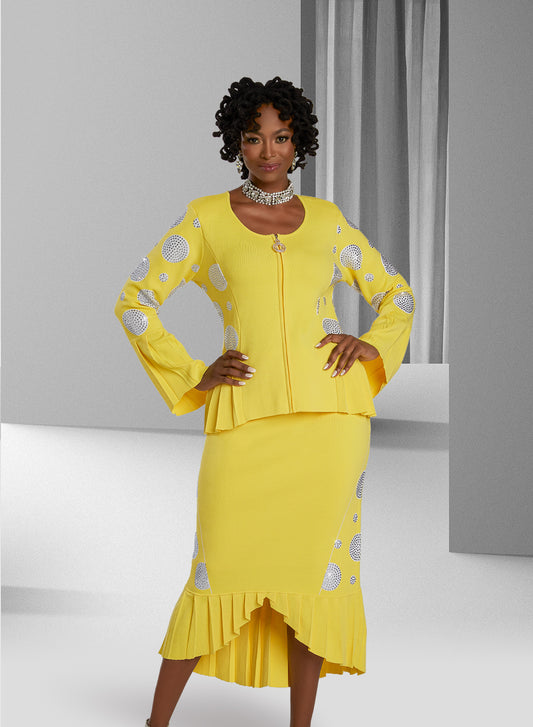 Donna Vinci 13407 - Yellow - Pleated Zip Up Knit Skirt Suit with Rhinestones