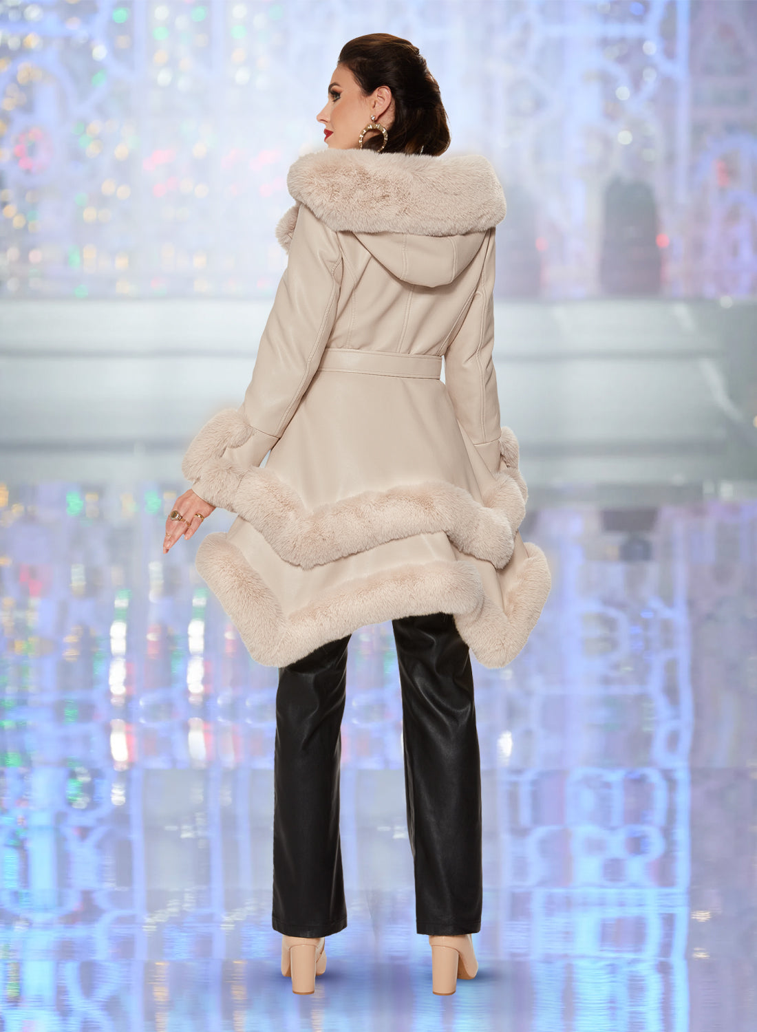 Love the Queen - 17478 - Hooded Faux Leather Faux Fur Trim Jacket