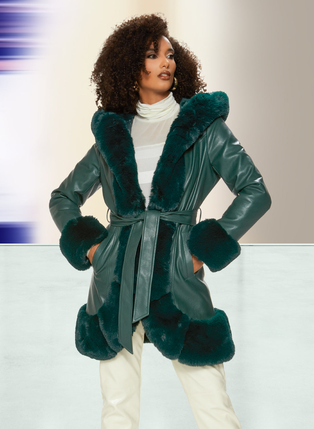 Love the Queen - 17480 - Hooded Faux Leather Faux Fur Trim Jacket