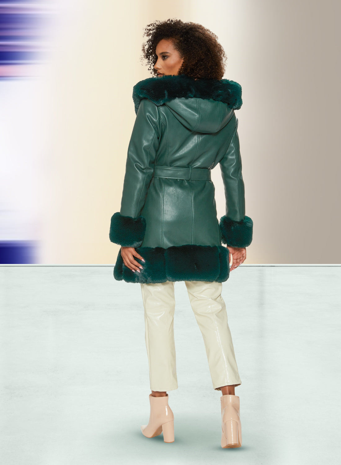 Love the Queen - 17480 - Hooded Faux Leather Faux Fur Trim Jacket