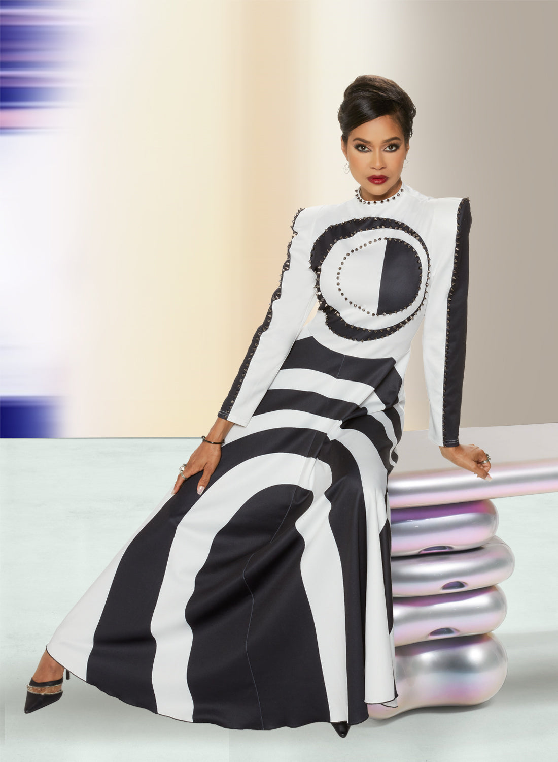 Love the Queen - 17488 - Embellished Two-tone Stretch Crepe Dress
