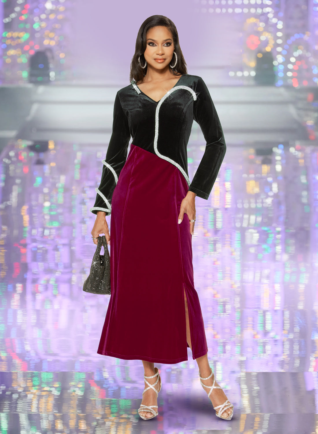 Love the Queen - 17490 - Embellished Velvet Two-tone Dress