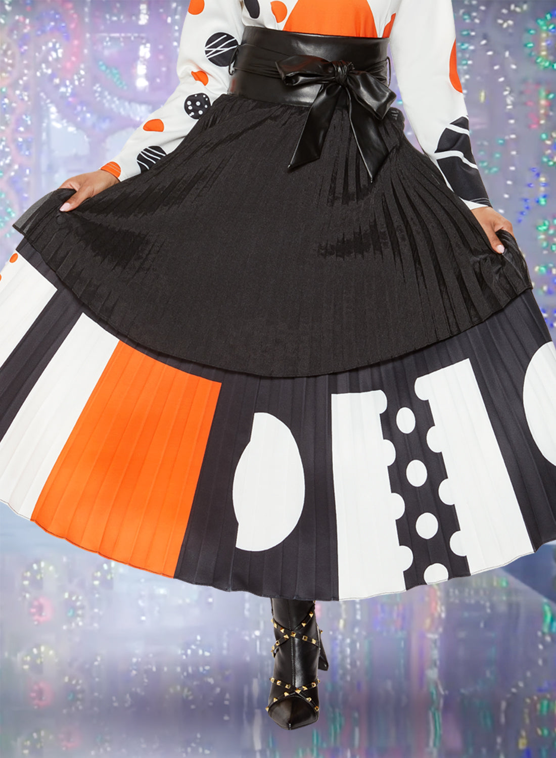 Love the Queen - 17500S - Belted Faux Leather Pleated Print Skirt
