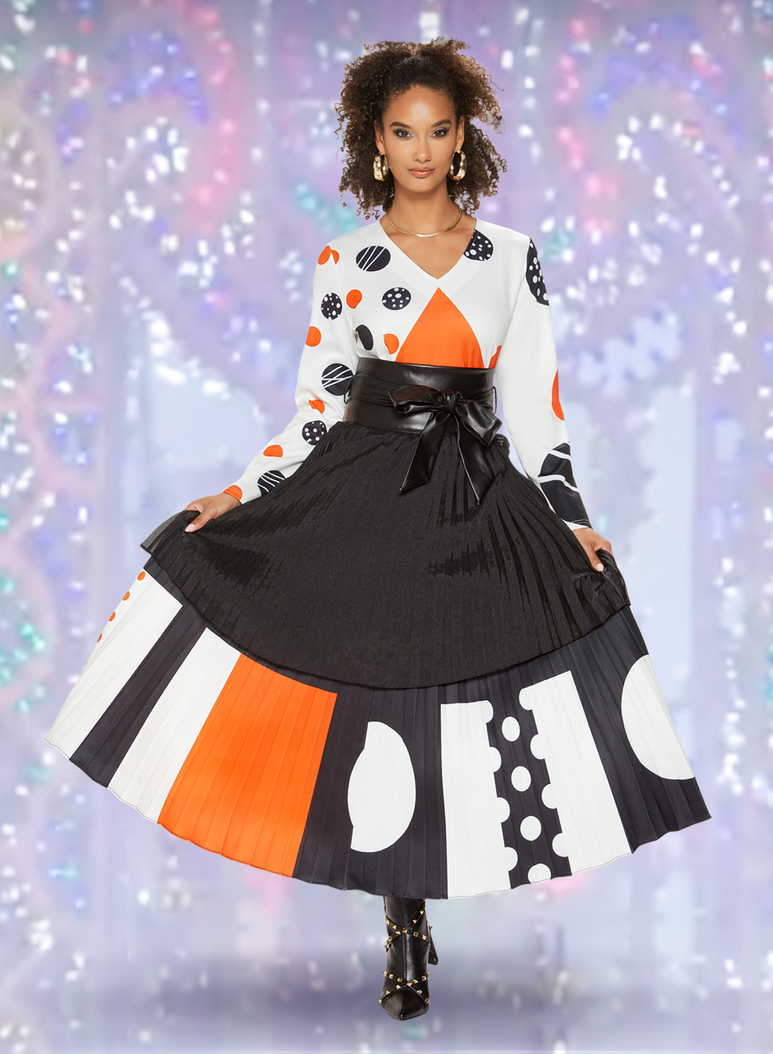 Love the Queen - 17500S - Belted Faux Leather Pleated Print Skirt