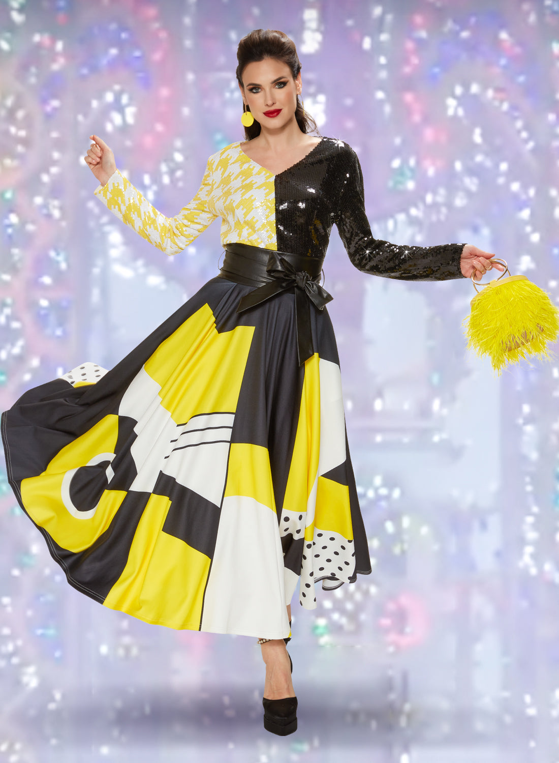 Love the Queen - 17501S - Belted Novelty Fabric Print Skirt