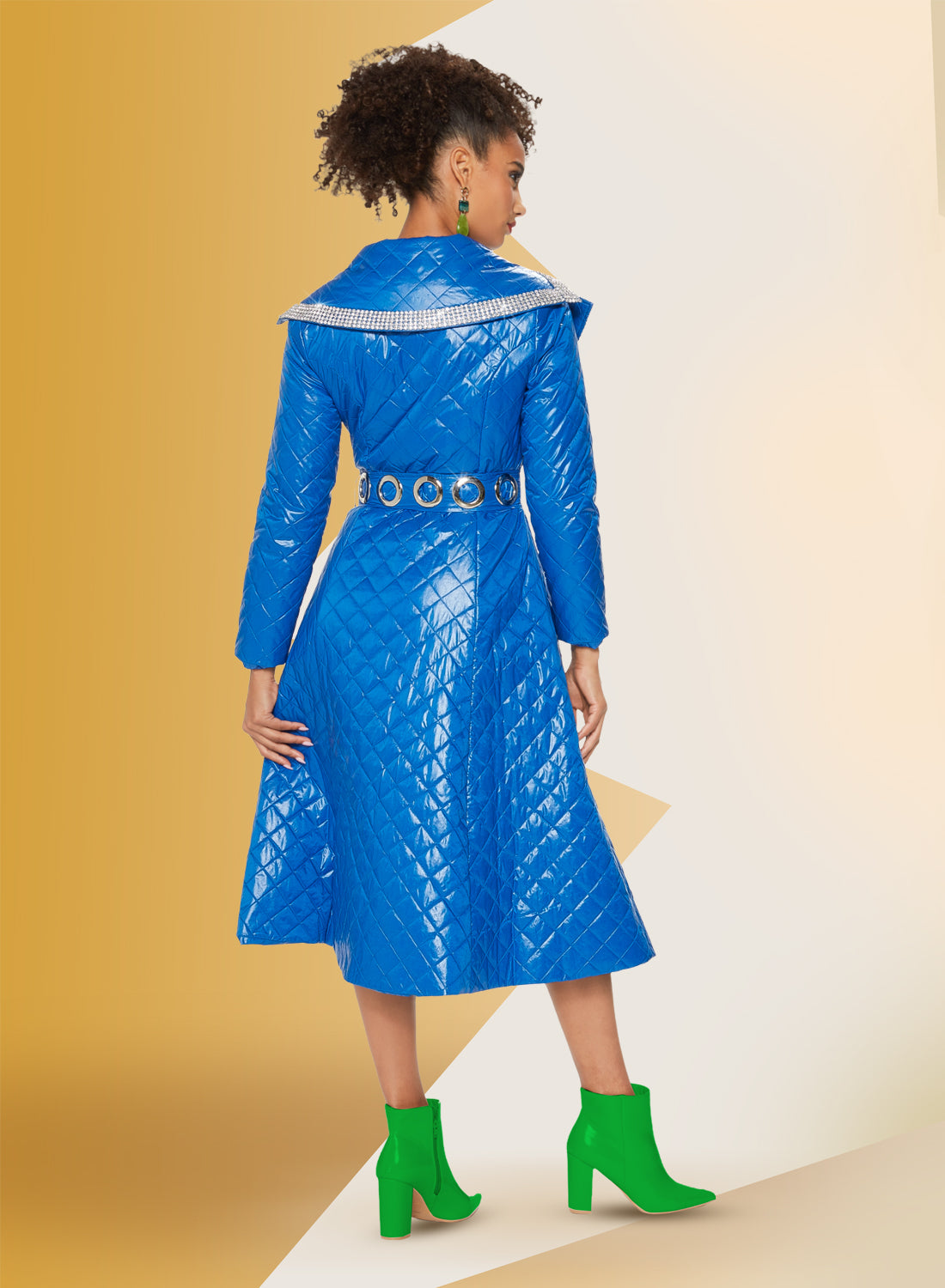 Love the Queen - 17504 - Faux Leather Grommet Belt Coat Dress with Rhinestones
