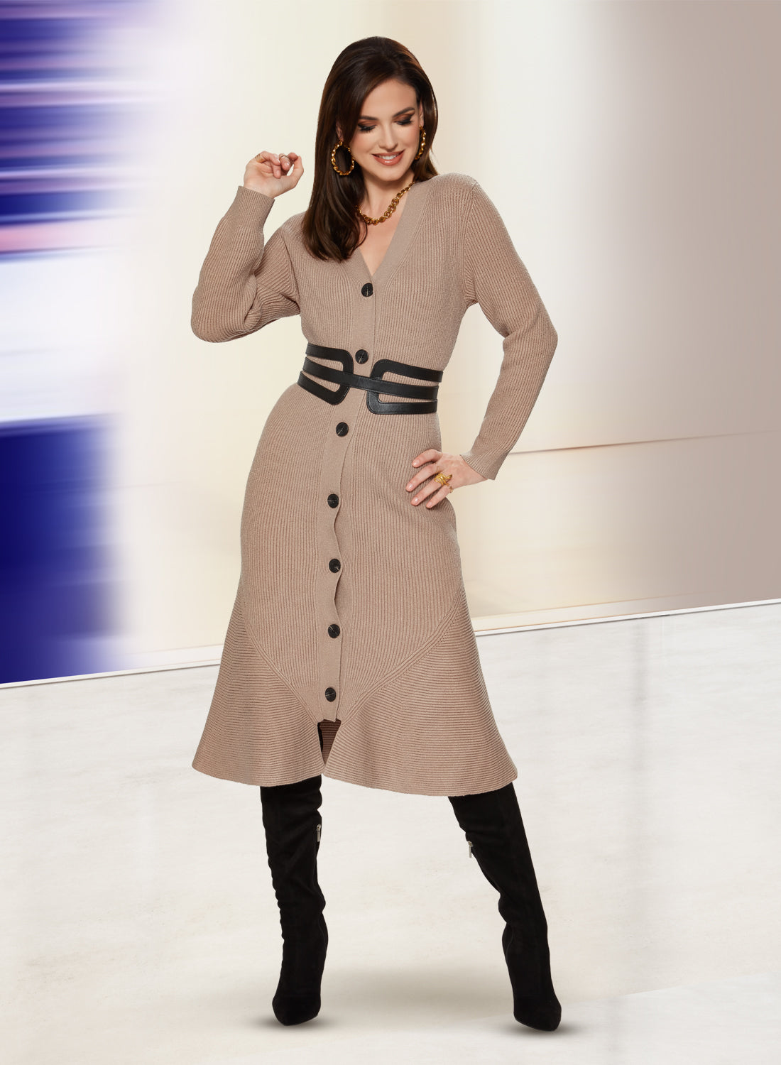 LTQ Knits - 17514 - Belted Ribbed Knit Button-front Dress