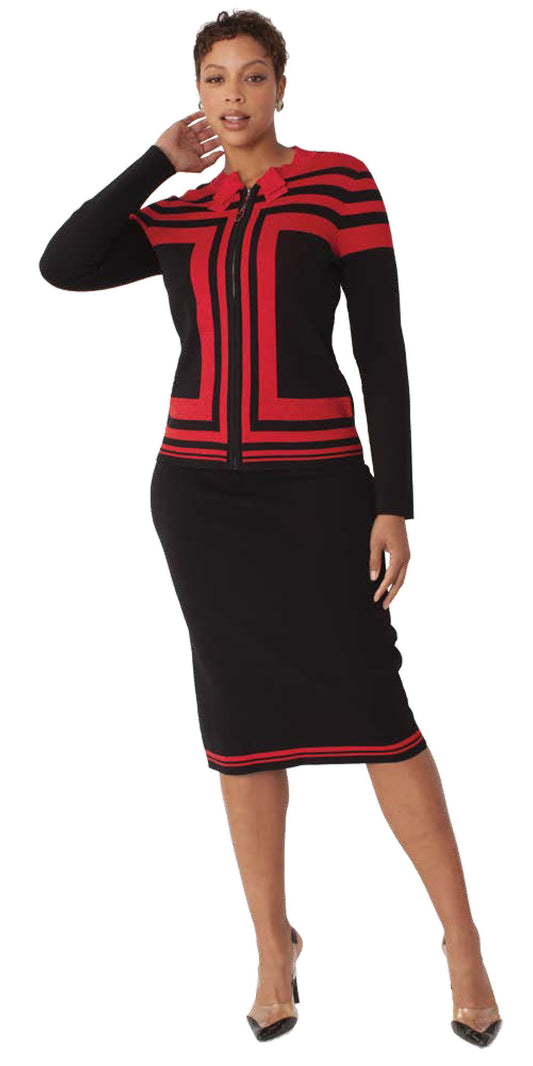 Kayla 5324 - Black Red - Print Knit Two-tone 2pc Skirt Set
