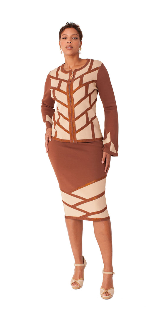 Kayla 5326 - Brown Beige - Geometric Print Knit 2pc Skirt Set
