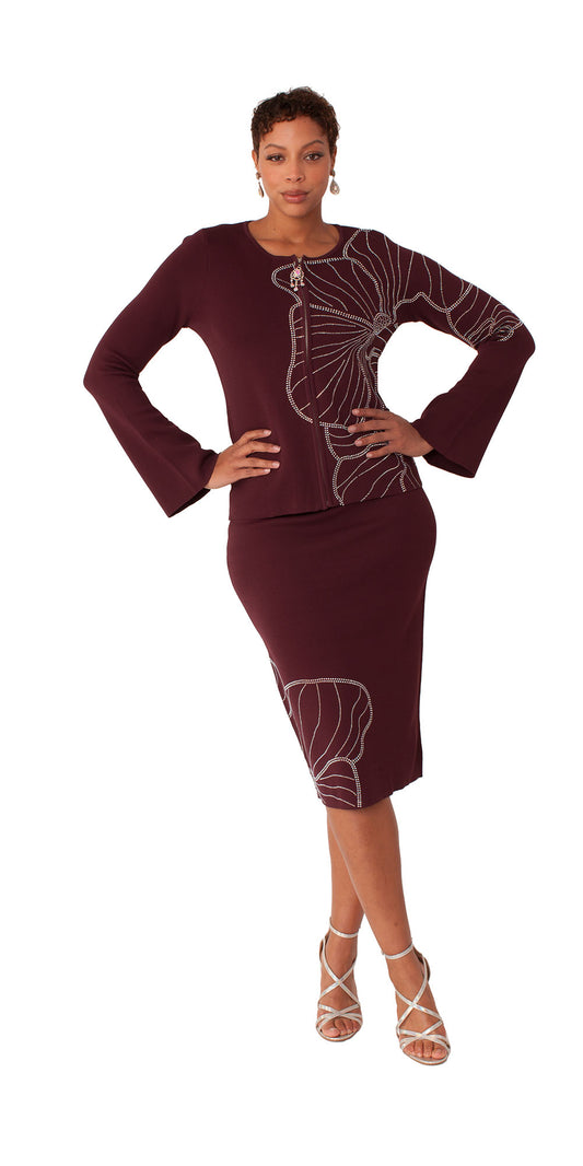 Kayla Knit 5345 - Burgundy - Floral Embellishment Skirt Suit