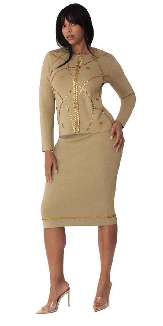 Kayla Knit 5348 - Olive - Gold Stud Trim Skirt Suit