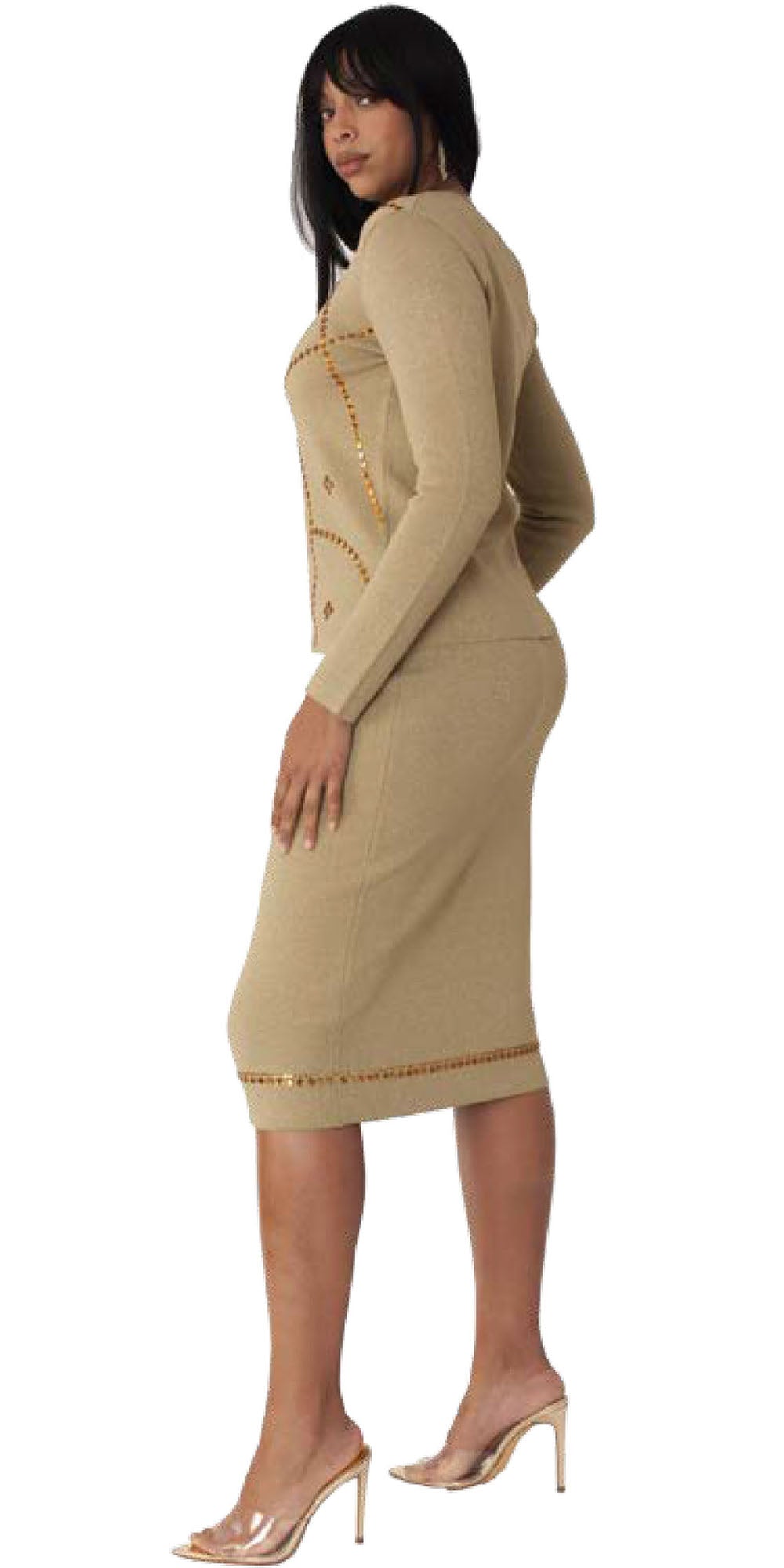 Kayla Knit 5348 - Olive - Gold Stud Trim Skirt Suit