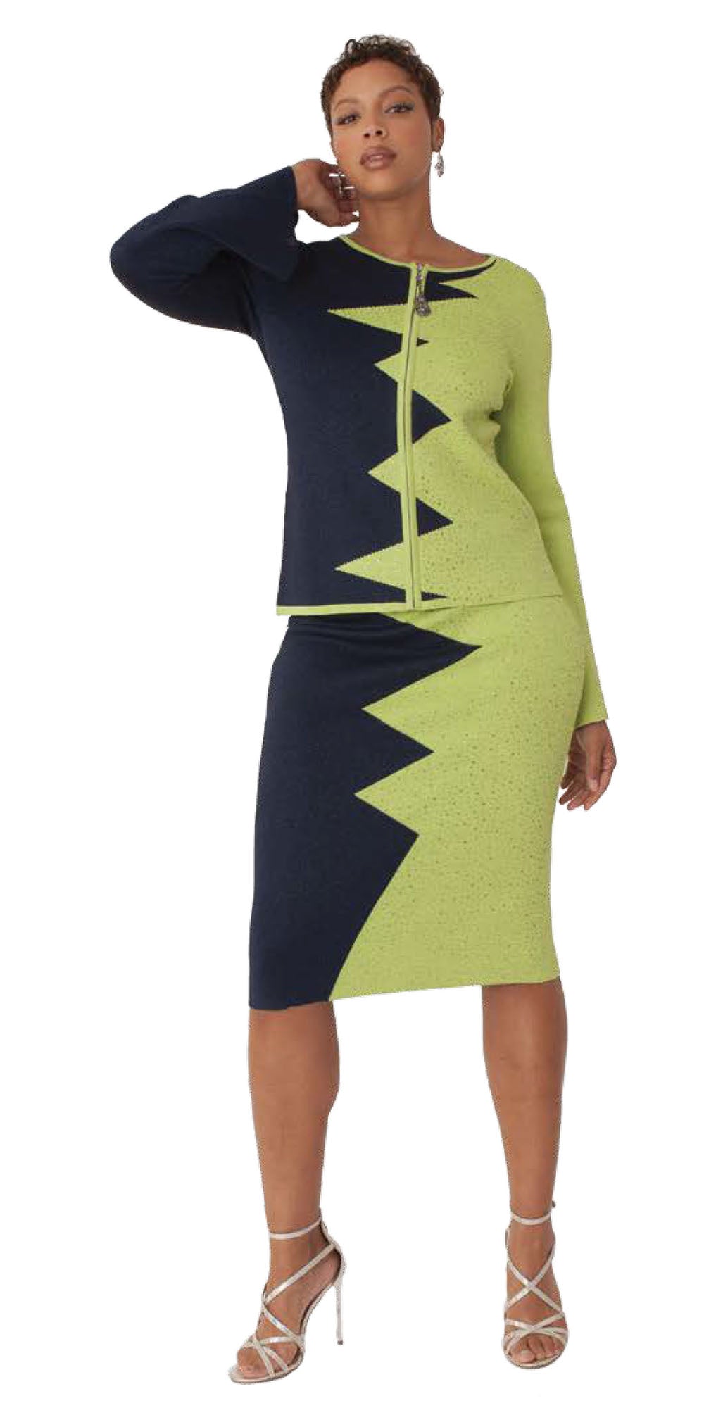 Kayla Knit 5349 - Navy Green - Two Tone Zip Up Jacket Skirt Set