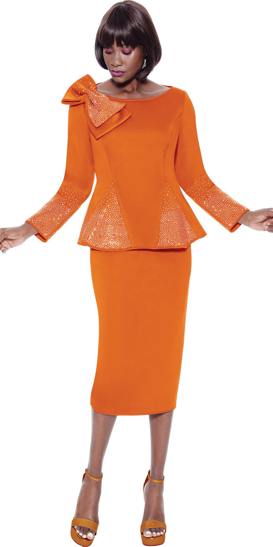 Terramina 7108 - Orange - 2 PC Embellished Church Suit with Shoulder Bow