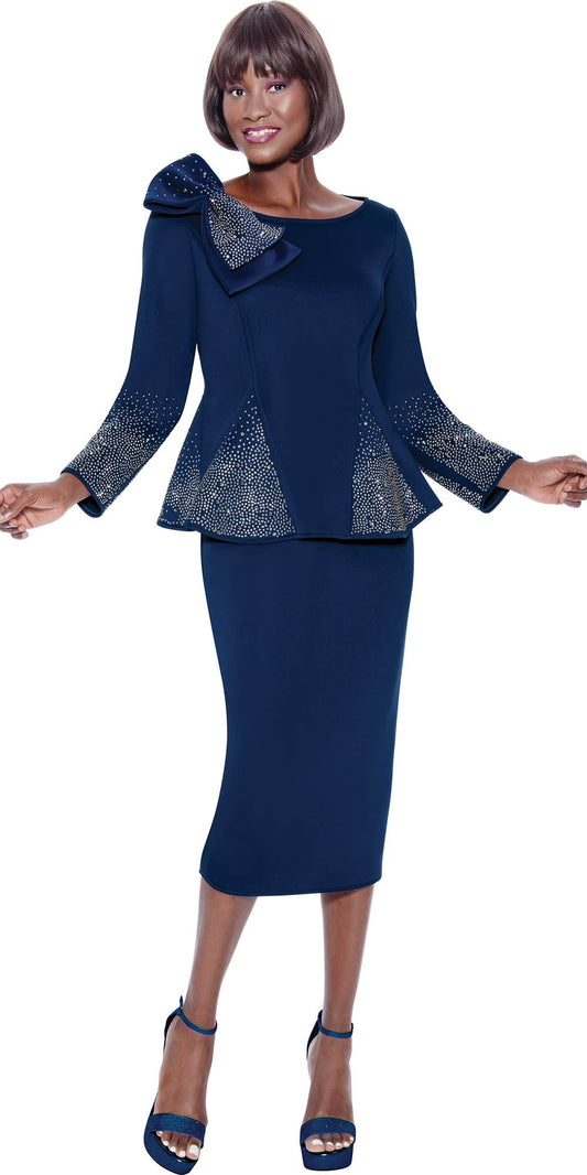 Terramina 7108 - Navy - 2 PC Embellished Church Suit with Shoulder Bow