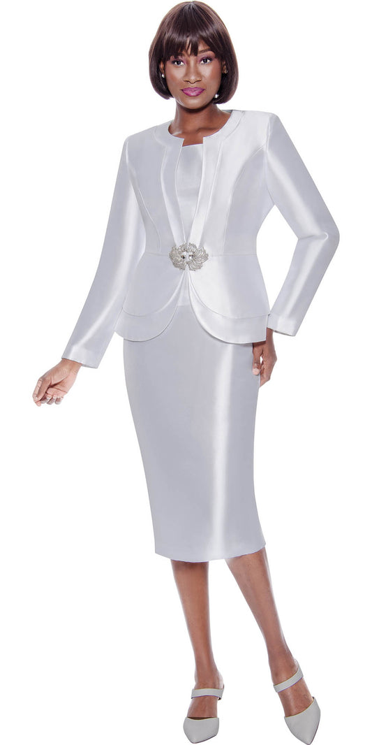 Terramina 7121 - White - 3PC Silk Look Skirt Suit with Ornate Clasp