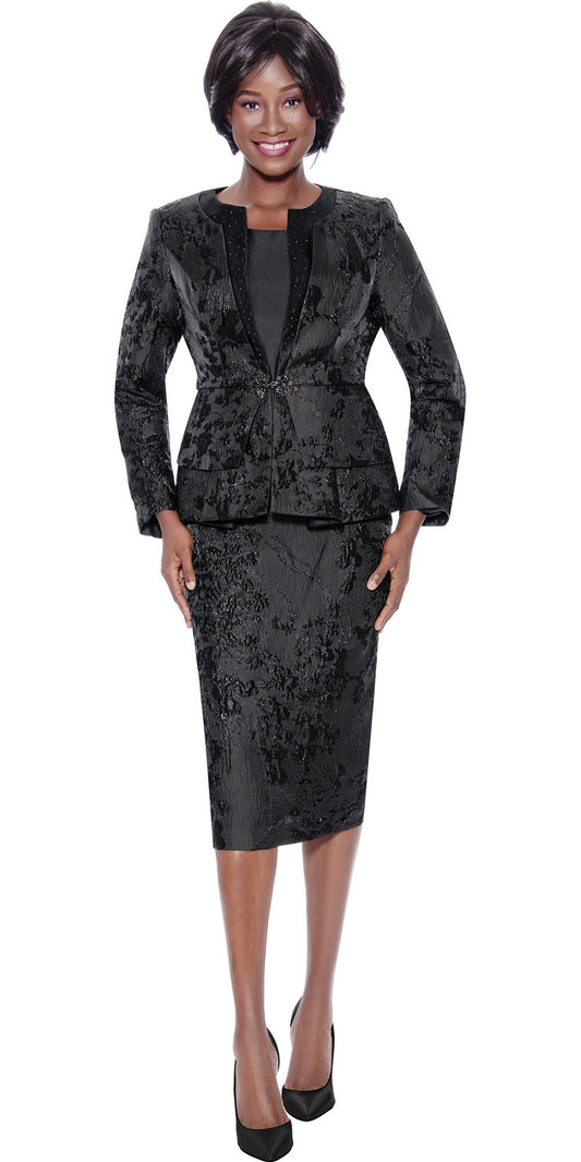 Terramina 7125 - Black - 3PC Textured Brocade Skirt Suit