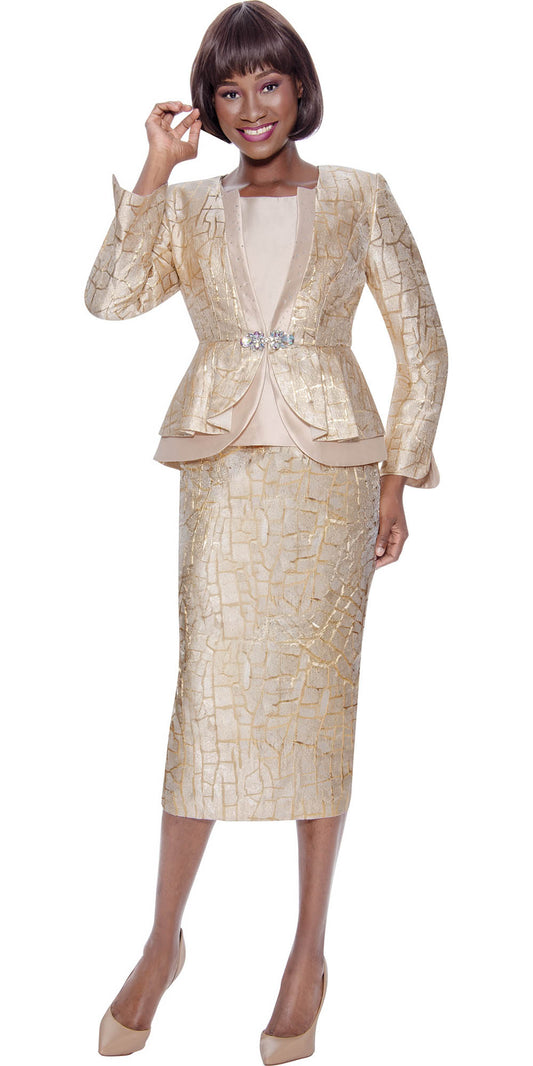 Terramina 7130 - Champagne - 3 PC Skirt Suit with Textured Fabric