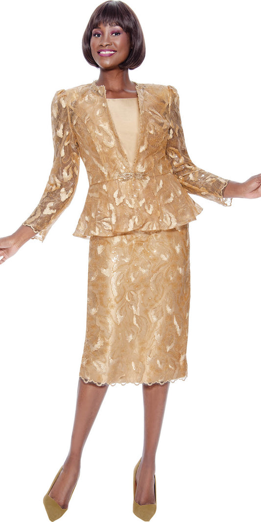 Terramina 7134 - Gold - 3PC Sheer Sleeve Skirt Suit