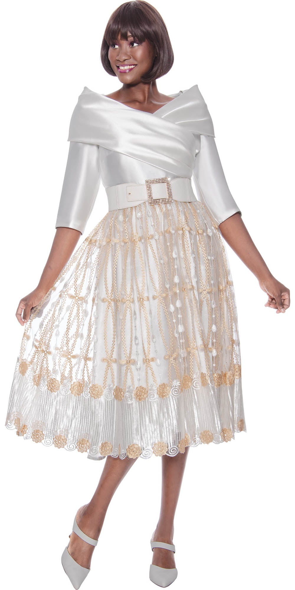 Terramina 7139 - Off-White - Portrait Collar Dress with Belt