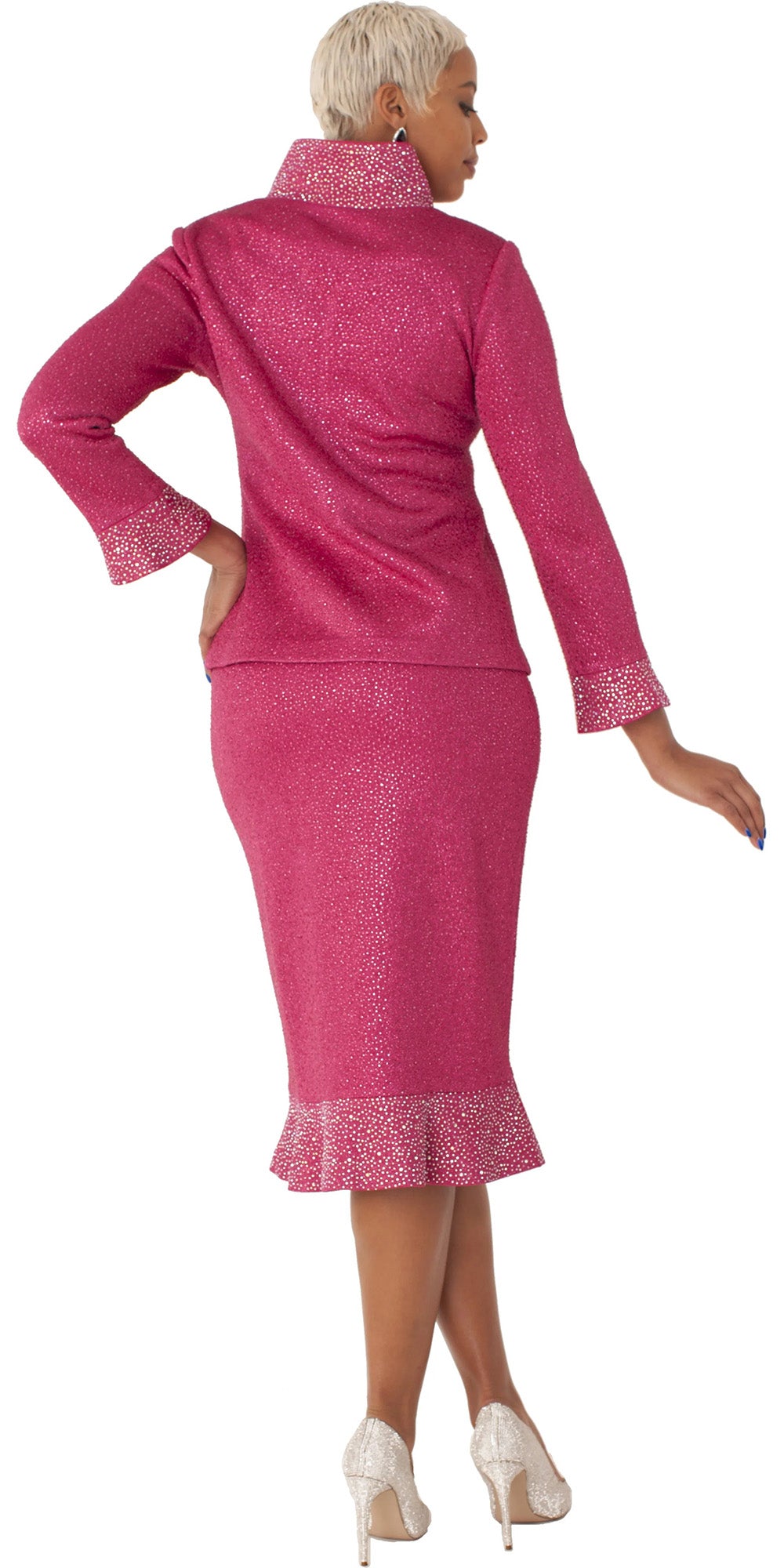 Liorah Knits 7300 - Fuschia - 2 PC Asymmetric Rhinestone Embellished Knit Skirt Suit
