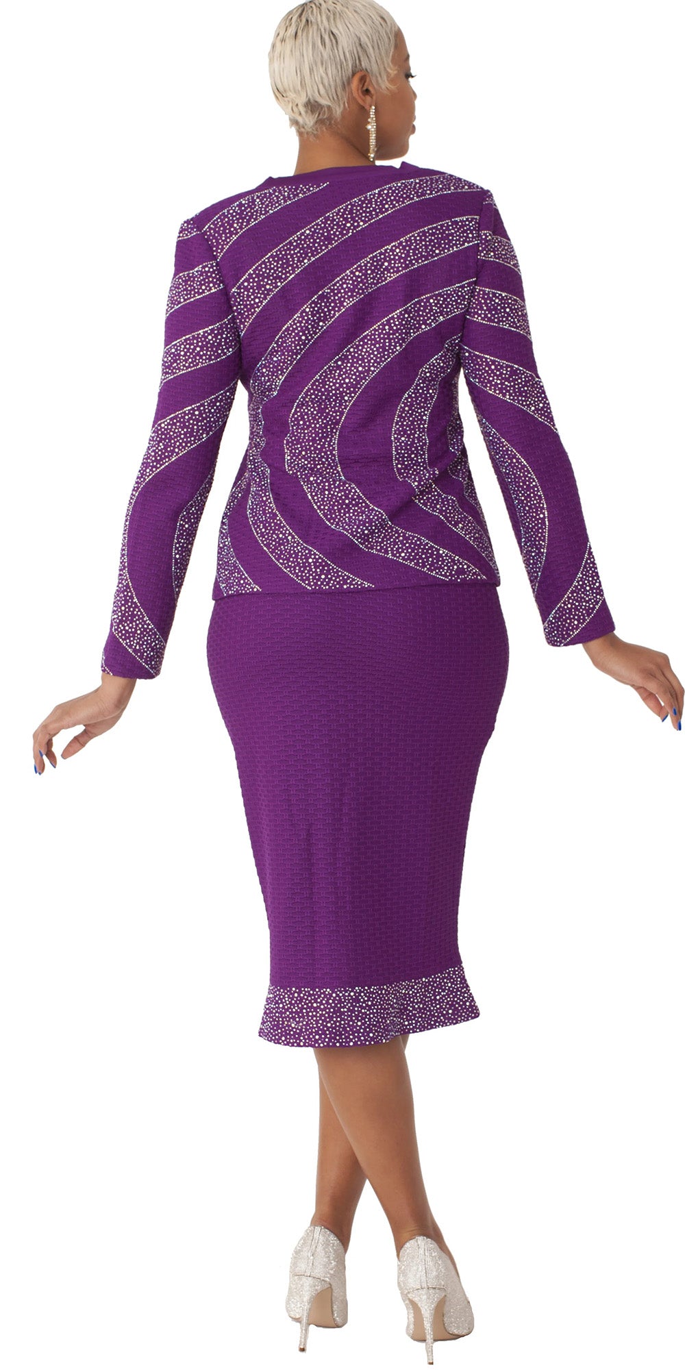 Liorah Knits 7305 - Purple - 2 PC Rhinestone Embellished Knit Skirt Suit