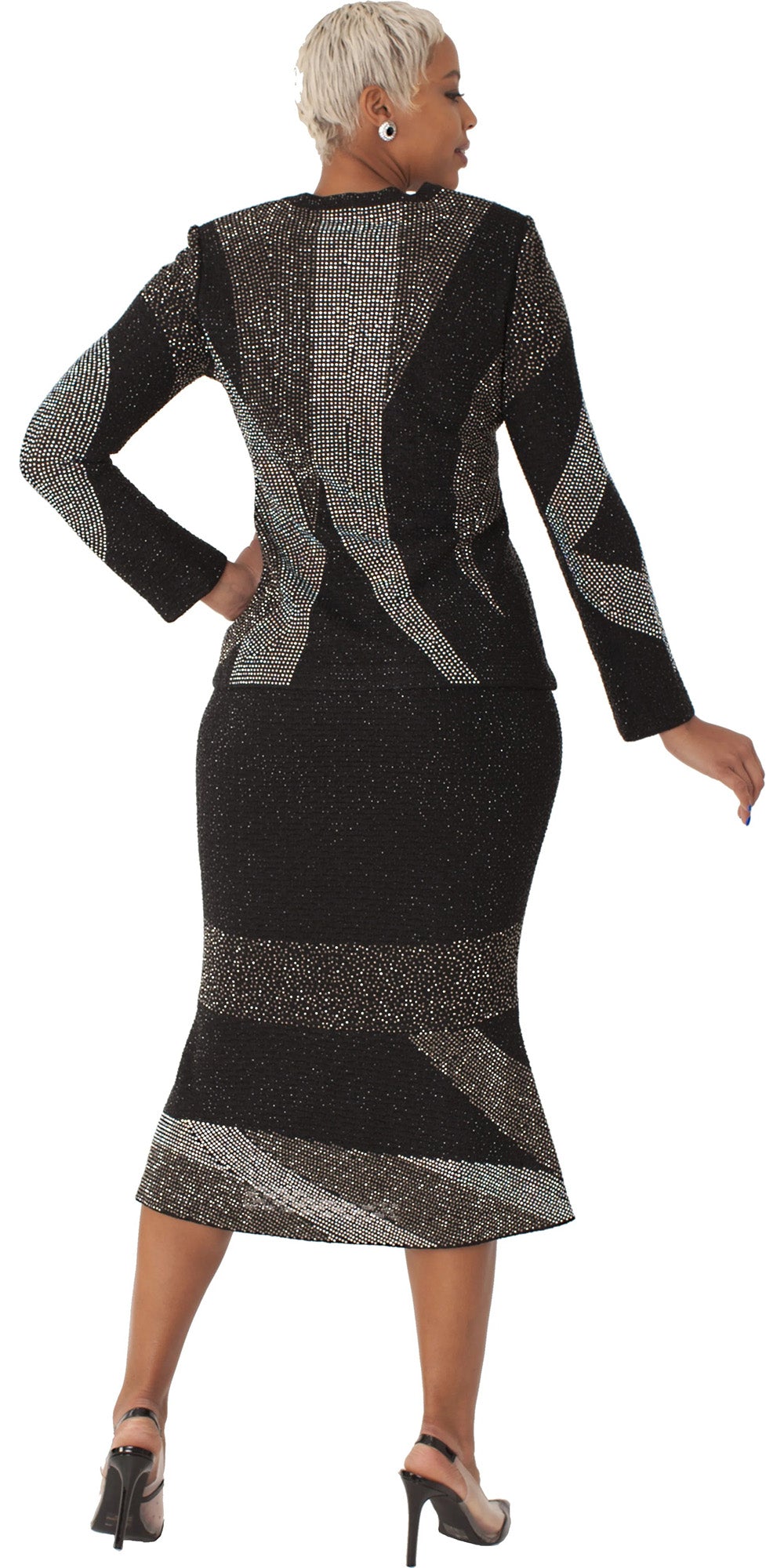 Liorah Knits 7306 - Black - 2 PC Rhinestone Embellished Knit Skirt Suit