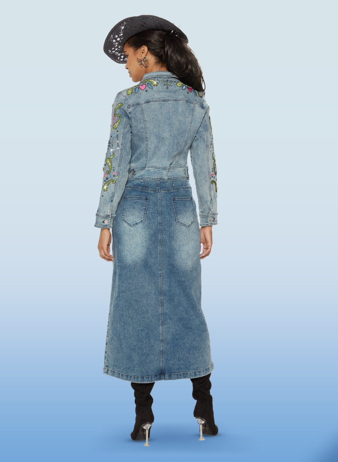 DV Jeans - 8476 - Light Blue Stretch Denim Embroidered Trim Dress