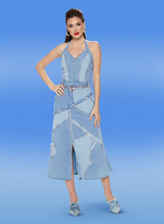 DV Jeans - 8480D - Light Blue - Stretch Denim Embellished Two-tone Dress