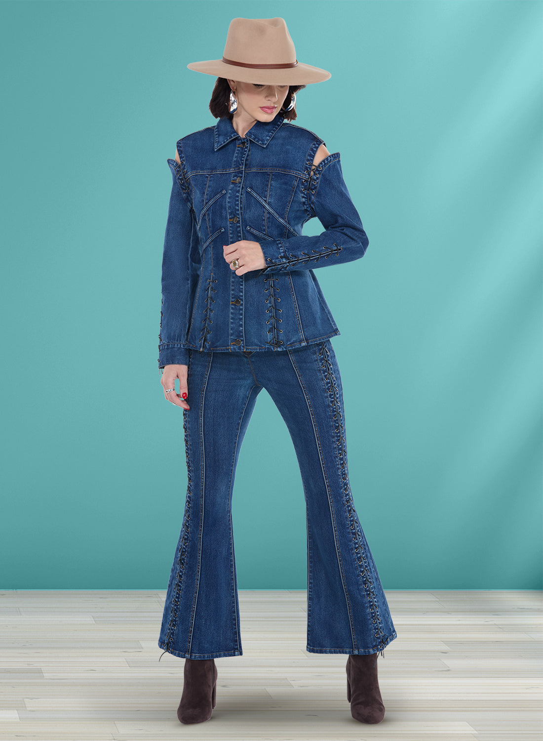 DV Jeans 8494 - DK Blue - 2 Piece Premium Quality Stretch Denim Trimmed with Faux Leather Cording