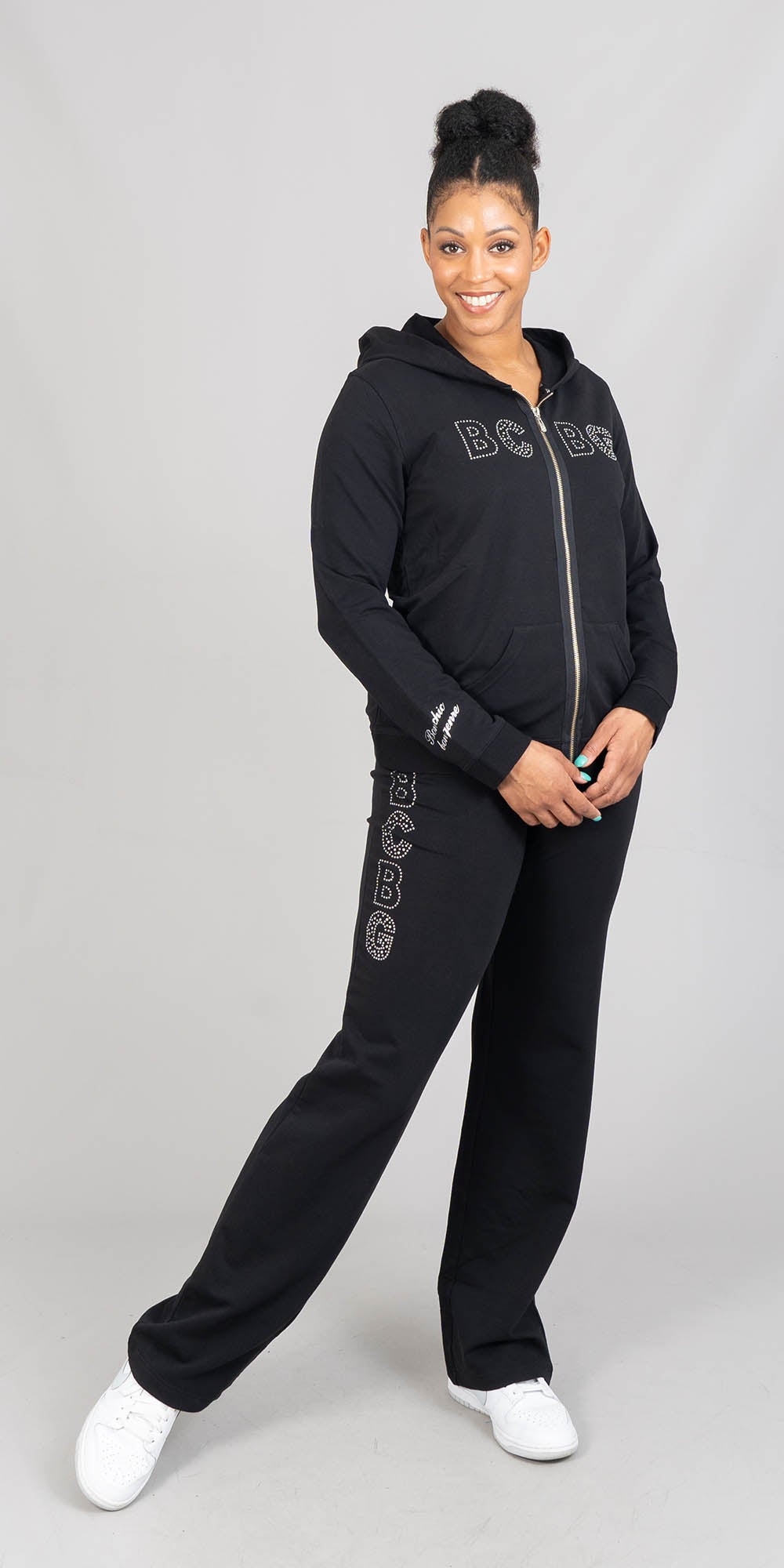 BCBG BC10765JP - Black - Embellished Hooded Knit 2pc Jog Set