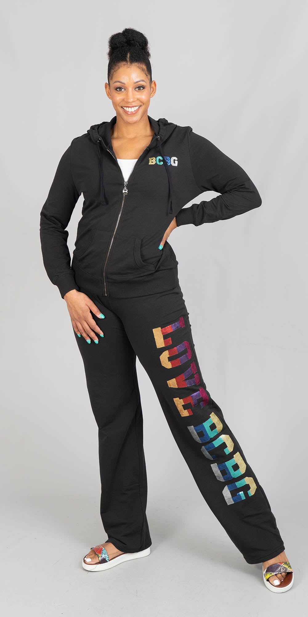 BCBG BC13704JP - Black - Text Print Hooded Knit 2pc Jog Set