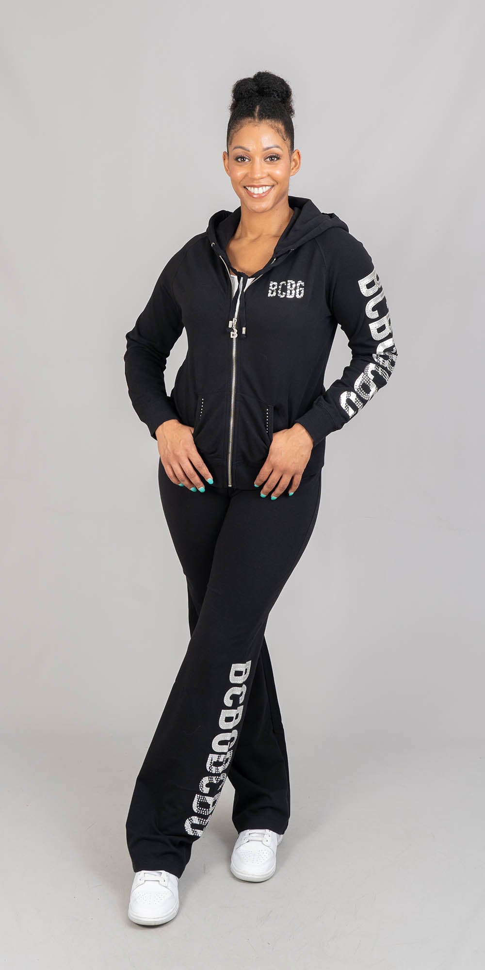 BCBG BC13727JP - Black Silver - Text Print Hooded Knit 2pc Jog Set