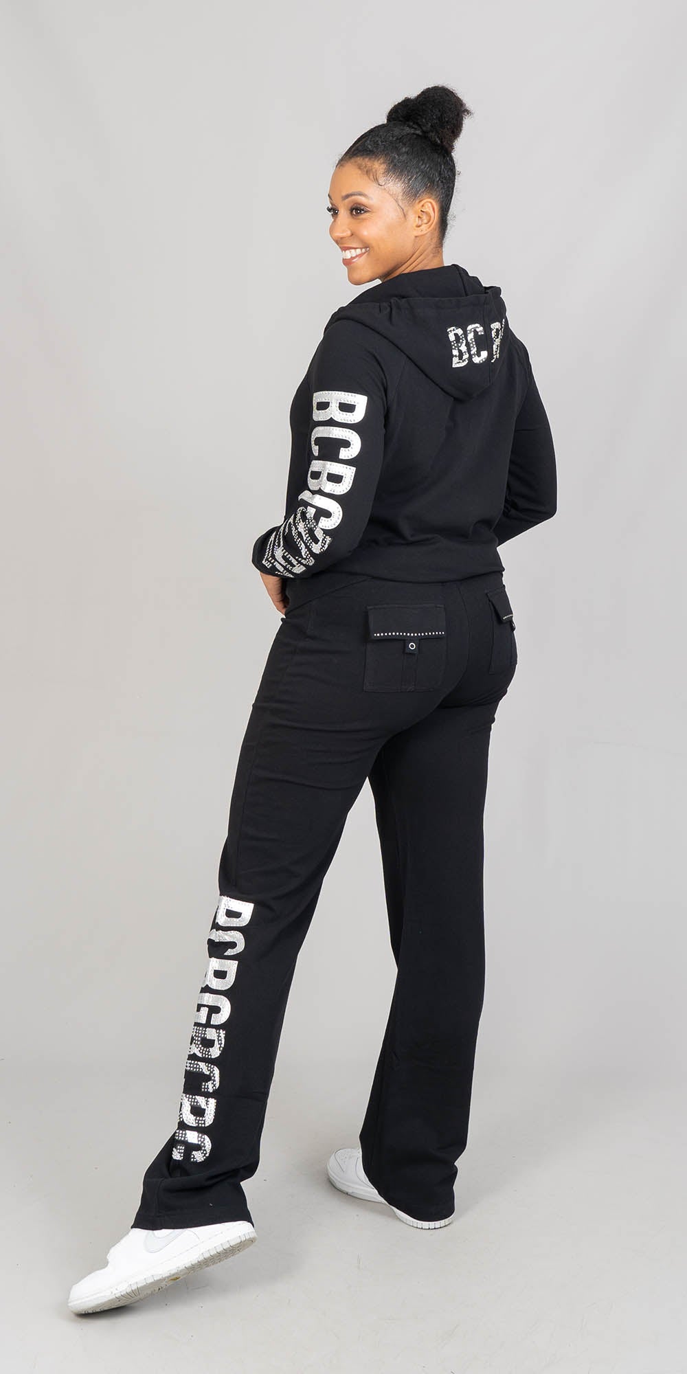 BCBG BC13727JP - Black Silver - Text Print Hooded Knit 2pc Jog Set