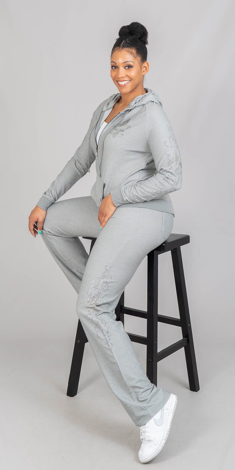 BCBG BC13786JP - Gray - Embellished Hooded Knit 2pc Jog Set