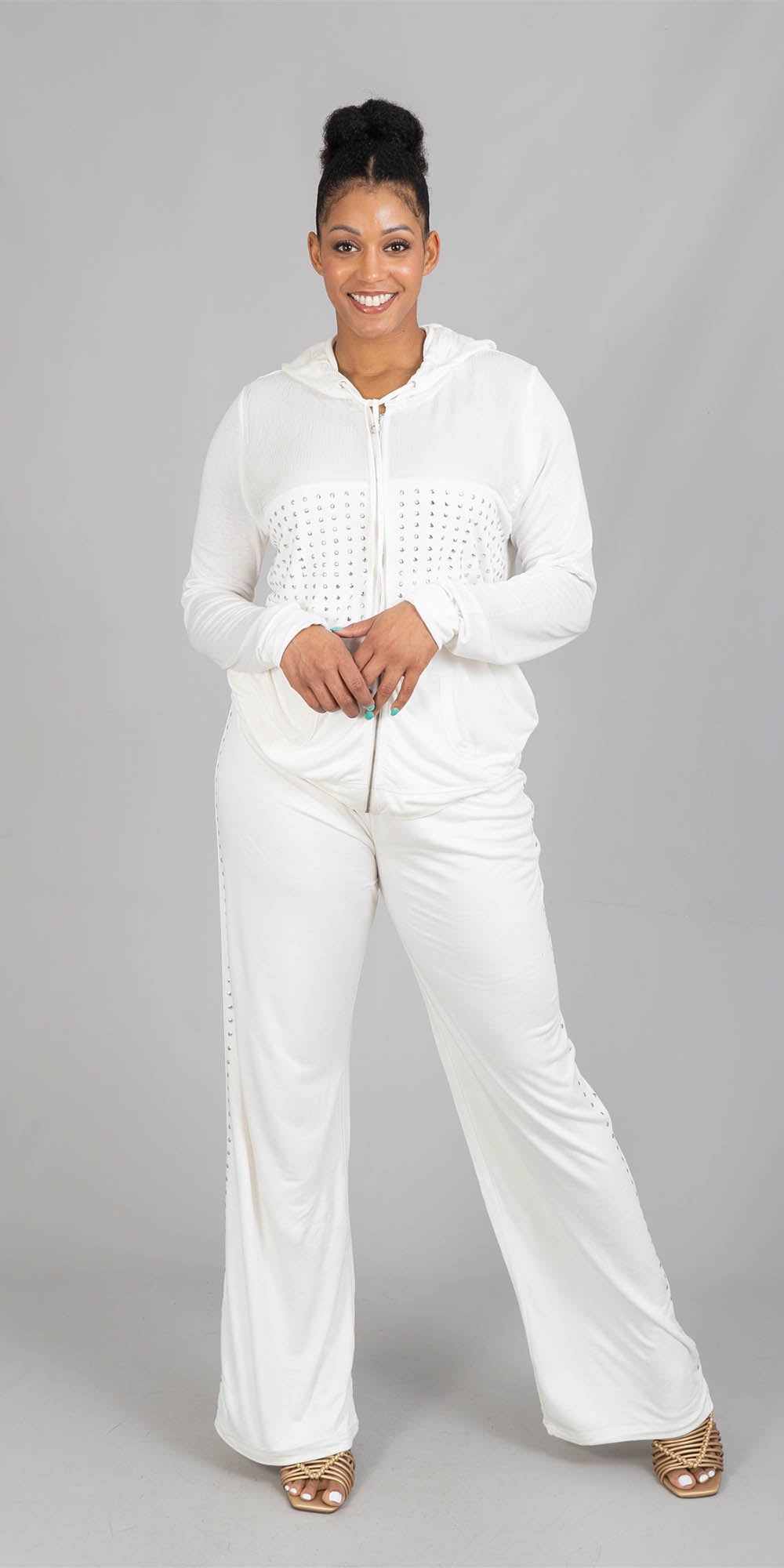 BCBG BC31721JP - White - Embellished Hooded Knit 2pc Jog Set