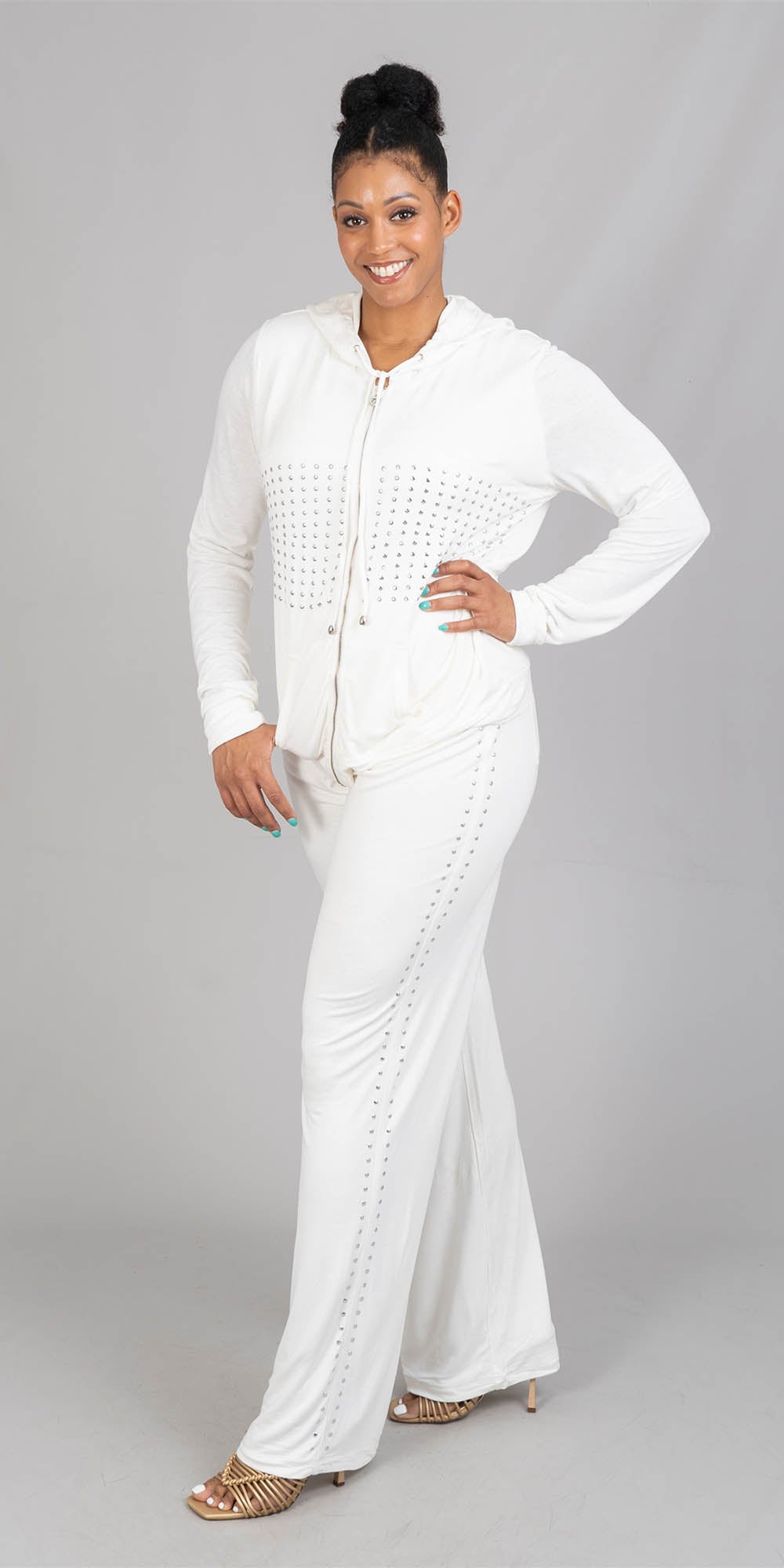 BCBG BC31721JP - White - Embellished Hooded Knit 2pc Jog Set