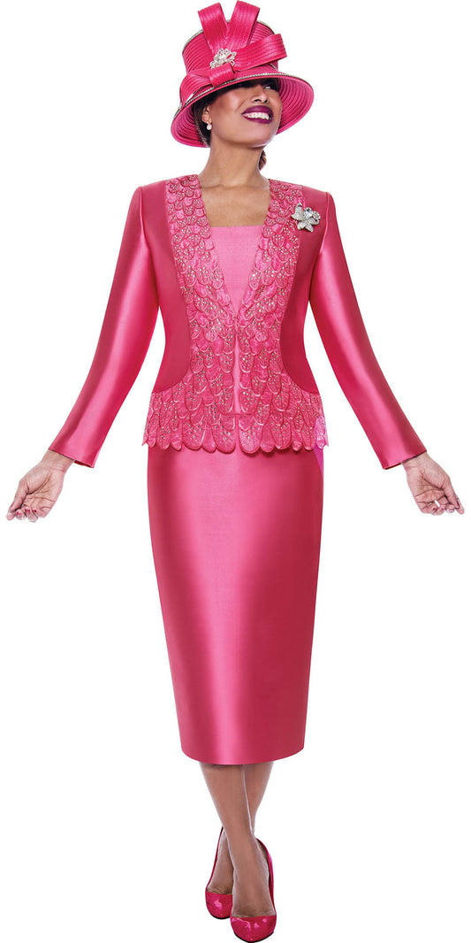 Ben Marc International 2023 - Hot Pink - 3PC Silky Twill and Lace Church Suit