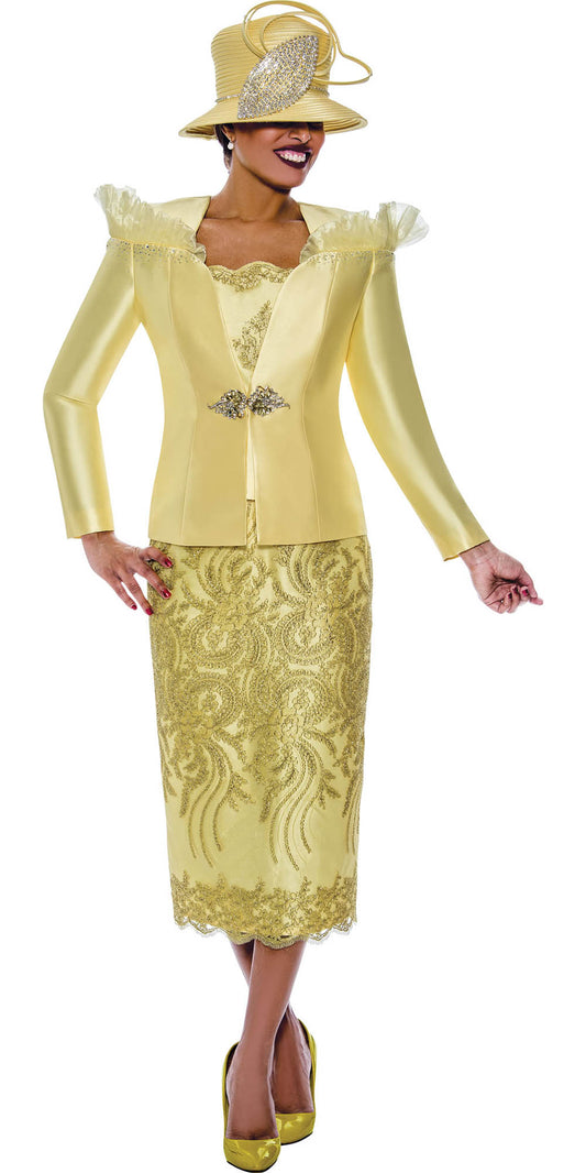 Ben Marc International 2043 - Yellow - 3 PC Twill and Embroidery Skirt Suit